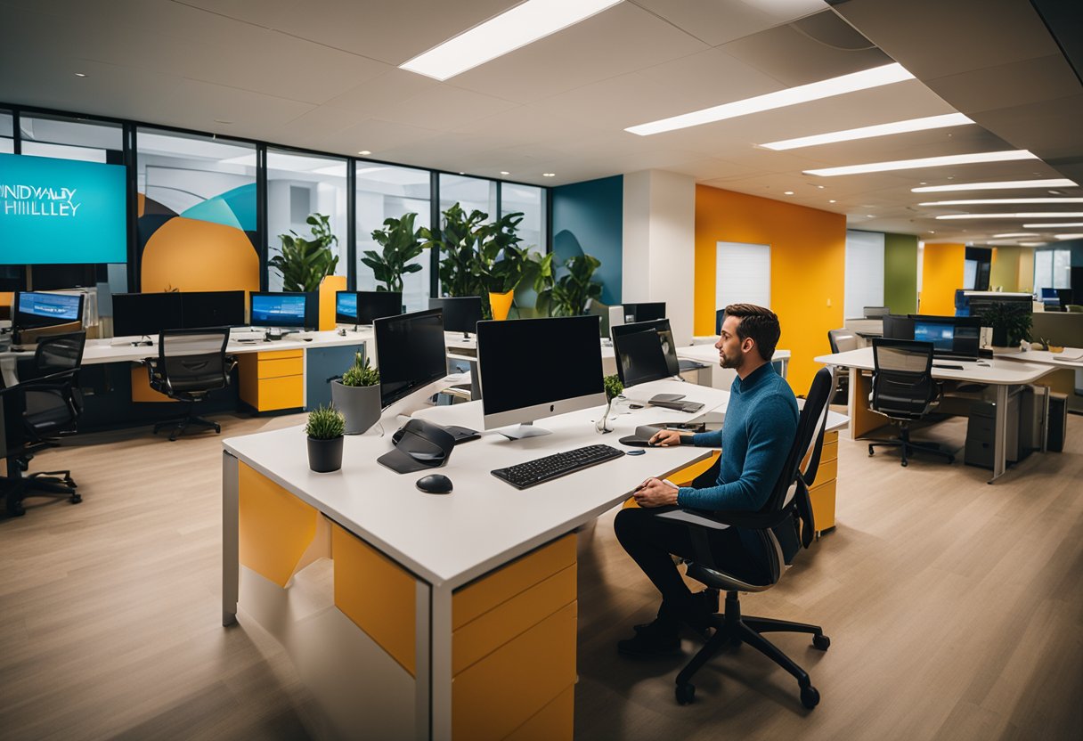 Regan Hillyer and Mindvalley collaborate in a vibrant, modern office setting, surrounded by innovative technology and creative energy