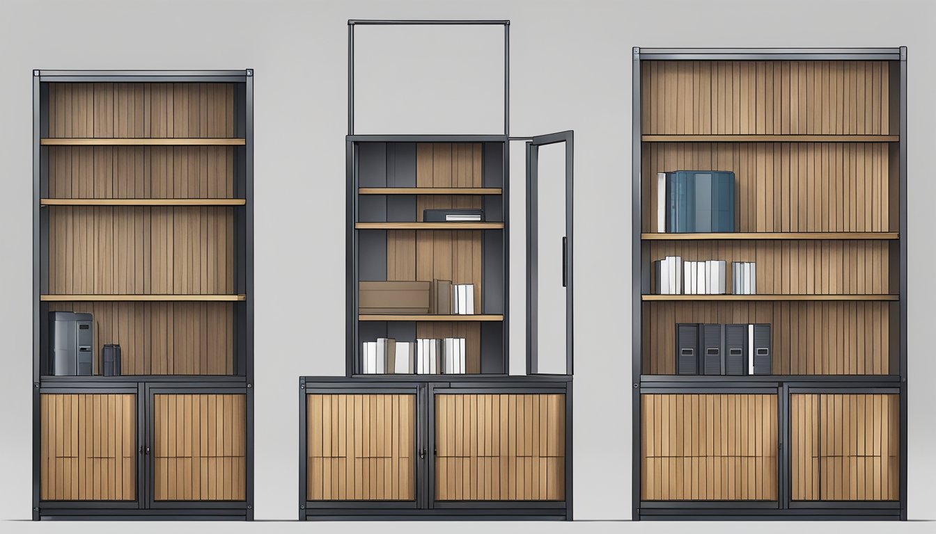 A small shelving unit with doors made of wood and metal, featuring clean lines and a minimalist design