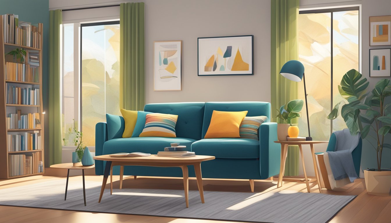 A 2-seater sofa placed in a living room with colorful throw pillows, then moved to a cozy study corner with a small side table and a reading lamp