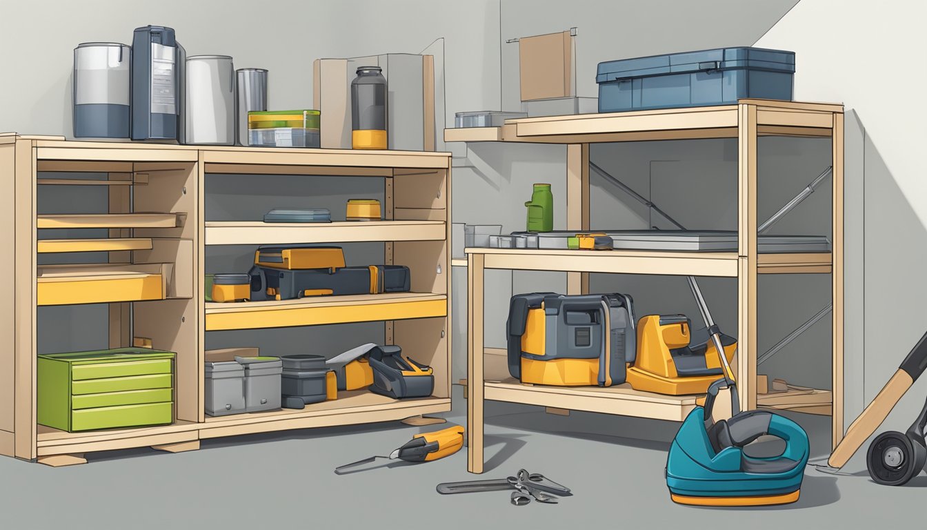 A small shelving unit with doors is being assembled, with tools and parts scattered on the floor. The instructions lay open nearby