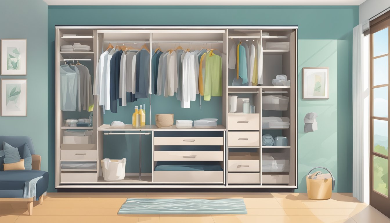 A sliding mirror wardrobe is being carefully cleaned and polished by a person, with a selection of cleaning products and tools nearby