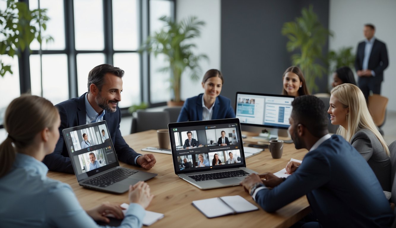 A virtual meeting with participants engaging in active discussion, while a feedback mechanism is displayed and utilized to improve meeting effectiveness