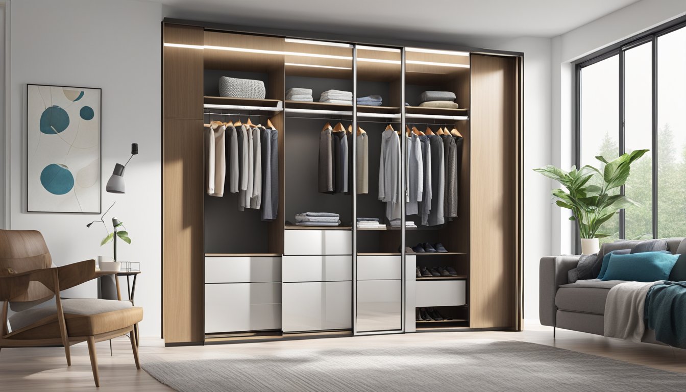 A sliding mirror wardrobe stands open, reflecting the room's interior. The doors glide effortlessly along the track, revealing neatly organized shelves and hanging space within