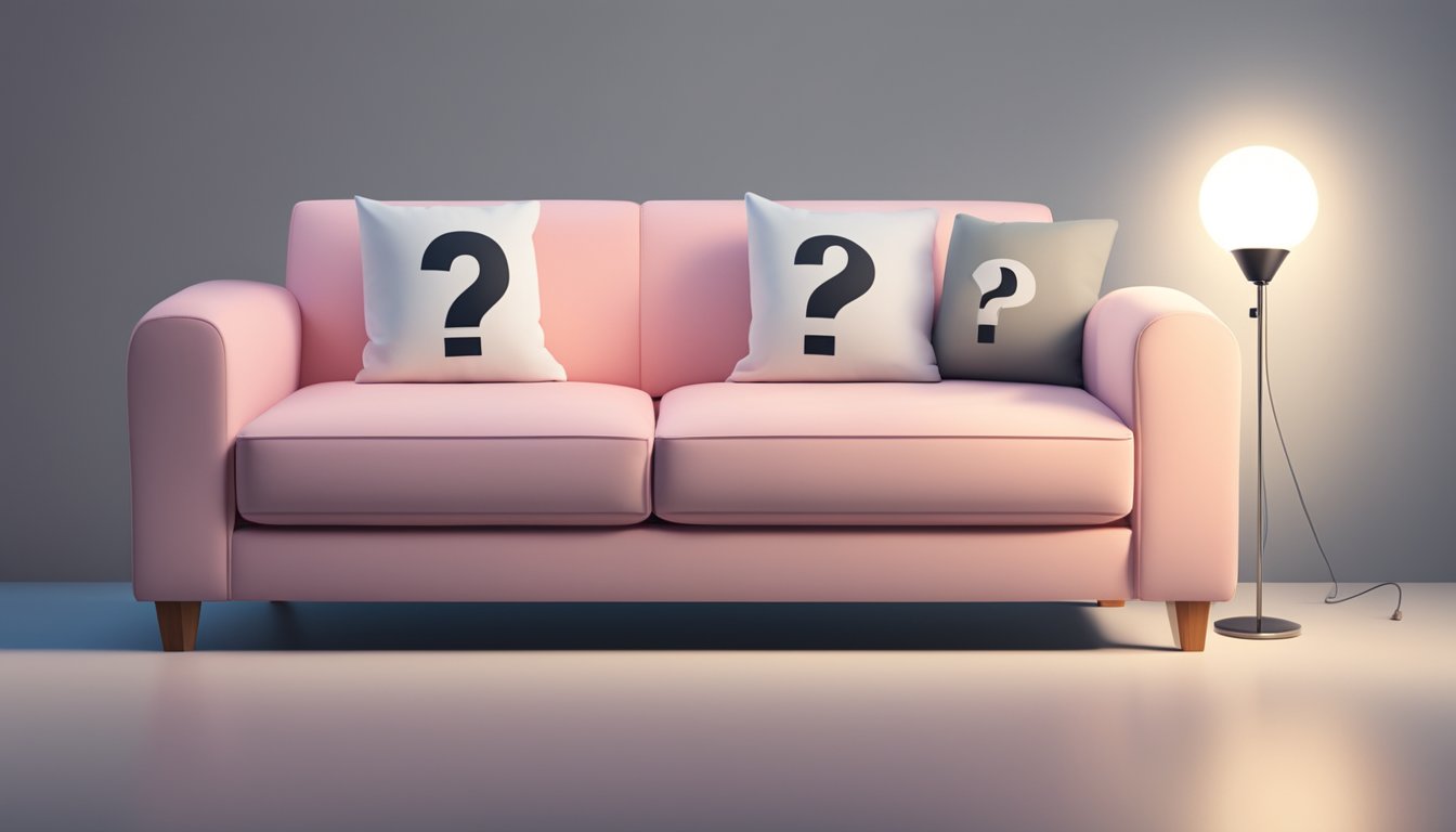 A cheap 2 seater sofa surrounded by question marks, with a spotlight shining on it. A sign with "Frequently Asked Questions" is displayed prominently next to the sofa