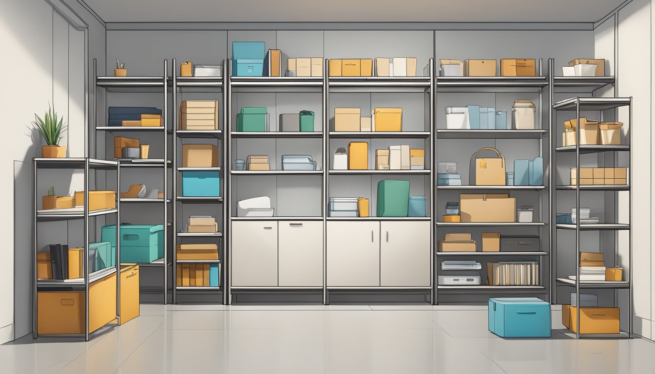 A small shelving unit with doors sits in a well-lit room, neatly organized with various items displayed inside
