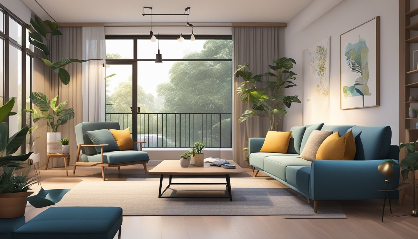 A cozy living room with a stylish sofa bed on sale in Singapore. Bright lighting and modern decor add to the inviting atmosphere