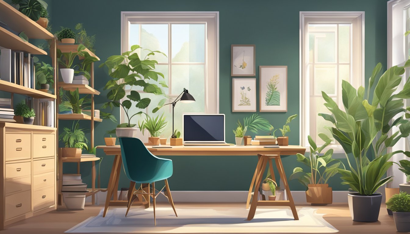 A cozy study room with modern furniture, large windows, and a clutter-free desk. The room is well-lit and decorated with plants and artwork
