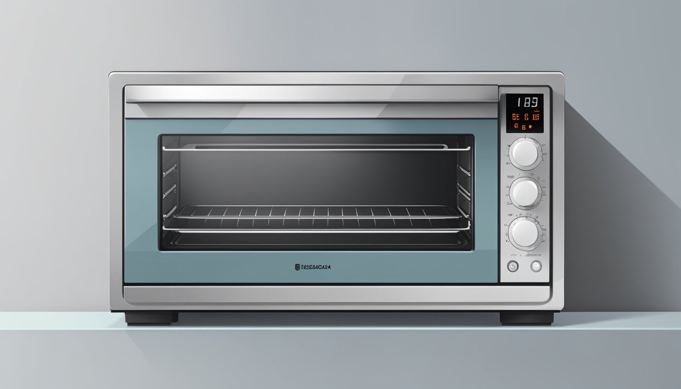 An electric oven with a digital display showing power consumption. Plugged into a wall outlet with a cord and emitting heat from its interior