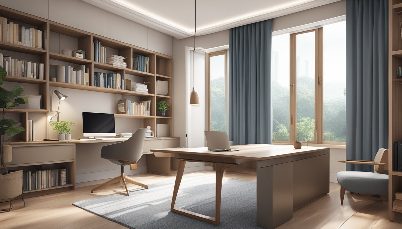 A cozy study room in Singapore with a large window, a sleek desk, bookshelves, and a comfortable chair. The room is bathed in natural light, with a minimalist and modern design aesthetic