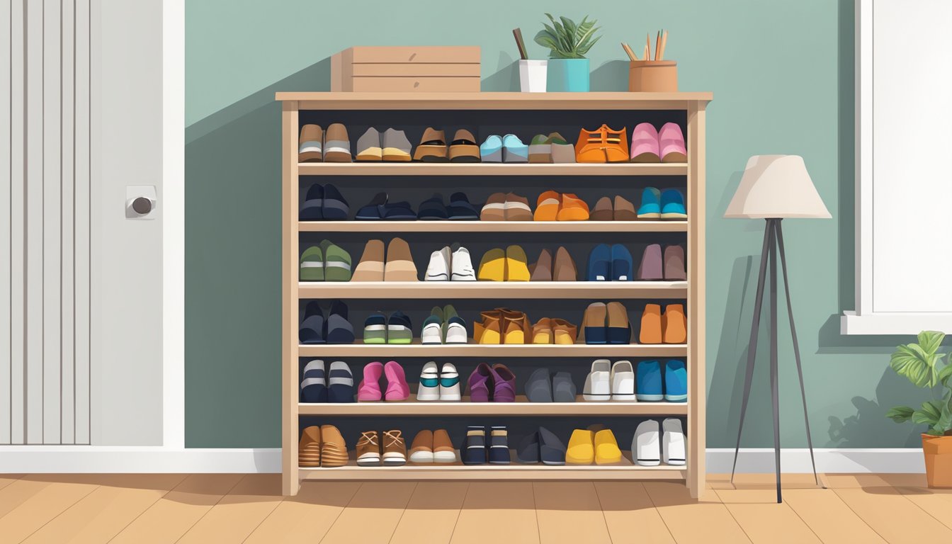 A shoe cabinet against a plain wall, with various pairs of shoes neatly organized on the shelves