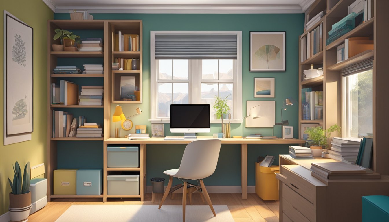 A cluttered study table in a small room with built-in shelves, a compact desk, and efficient storage solutions