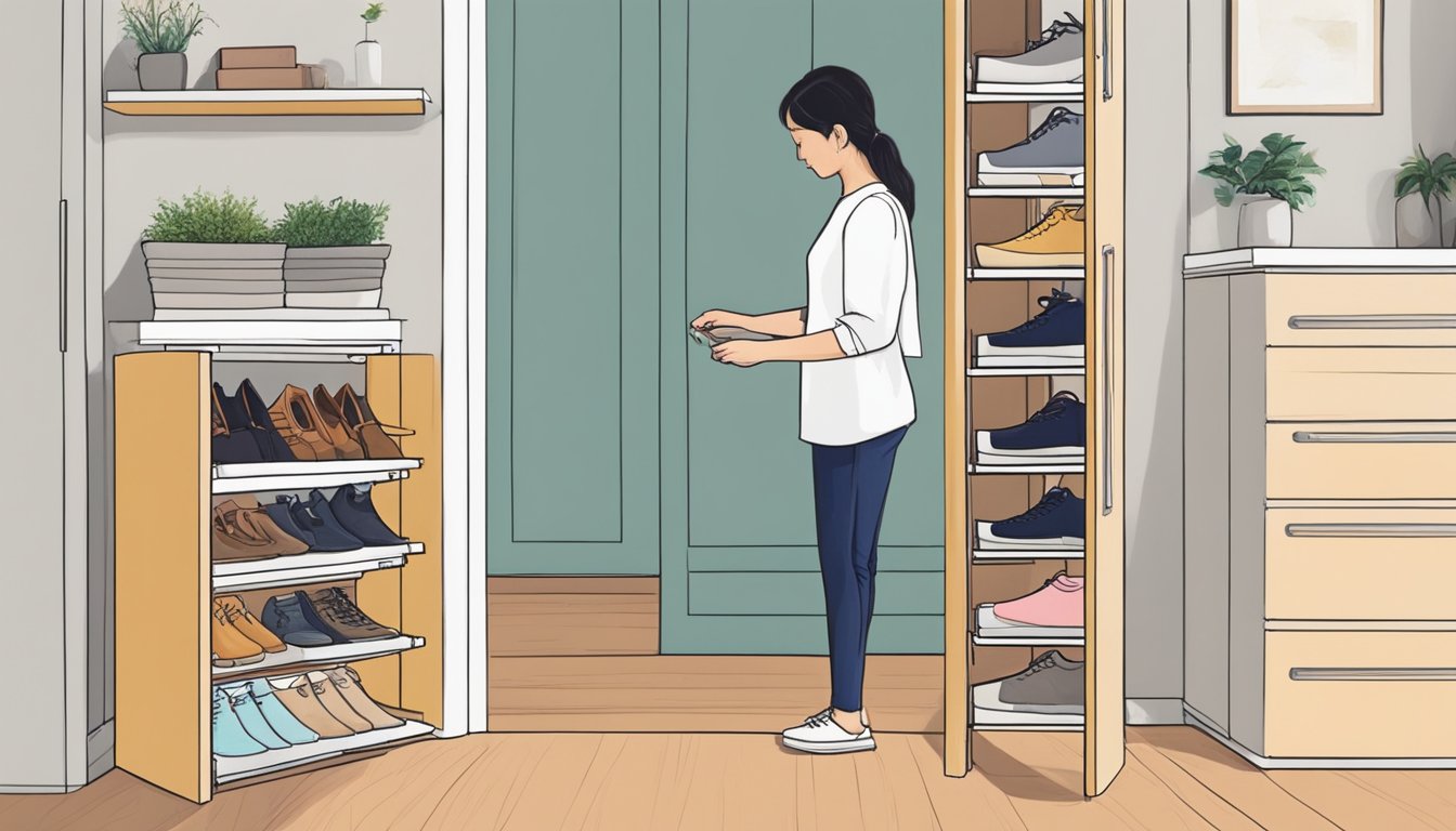 A woman carefully measures the space in her Singapore home, comparing it to the dimensions of different shoe cabinets. She imagines the perfect one to keep her footwear organized and neatly displayed