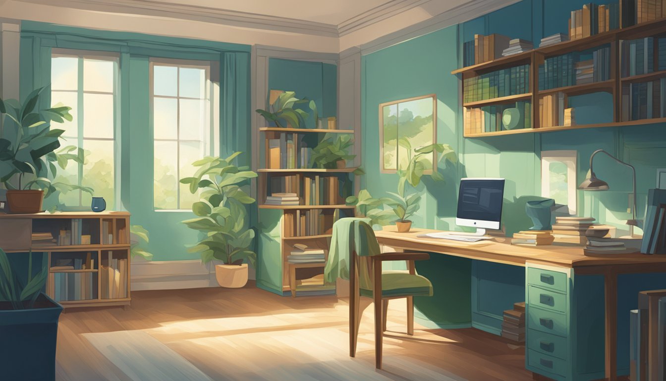 A study room with warm, natural lighting, casting soft shadows. The color scheme consists of calming blues and greens, creating a tranquil and focused atmosphere