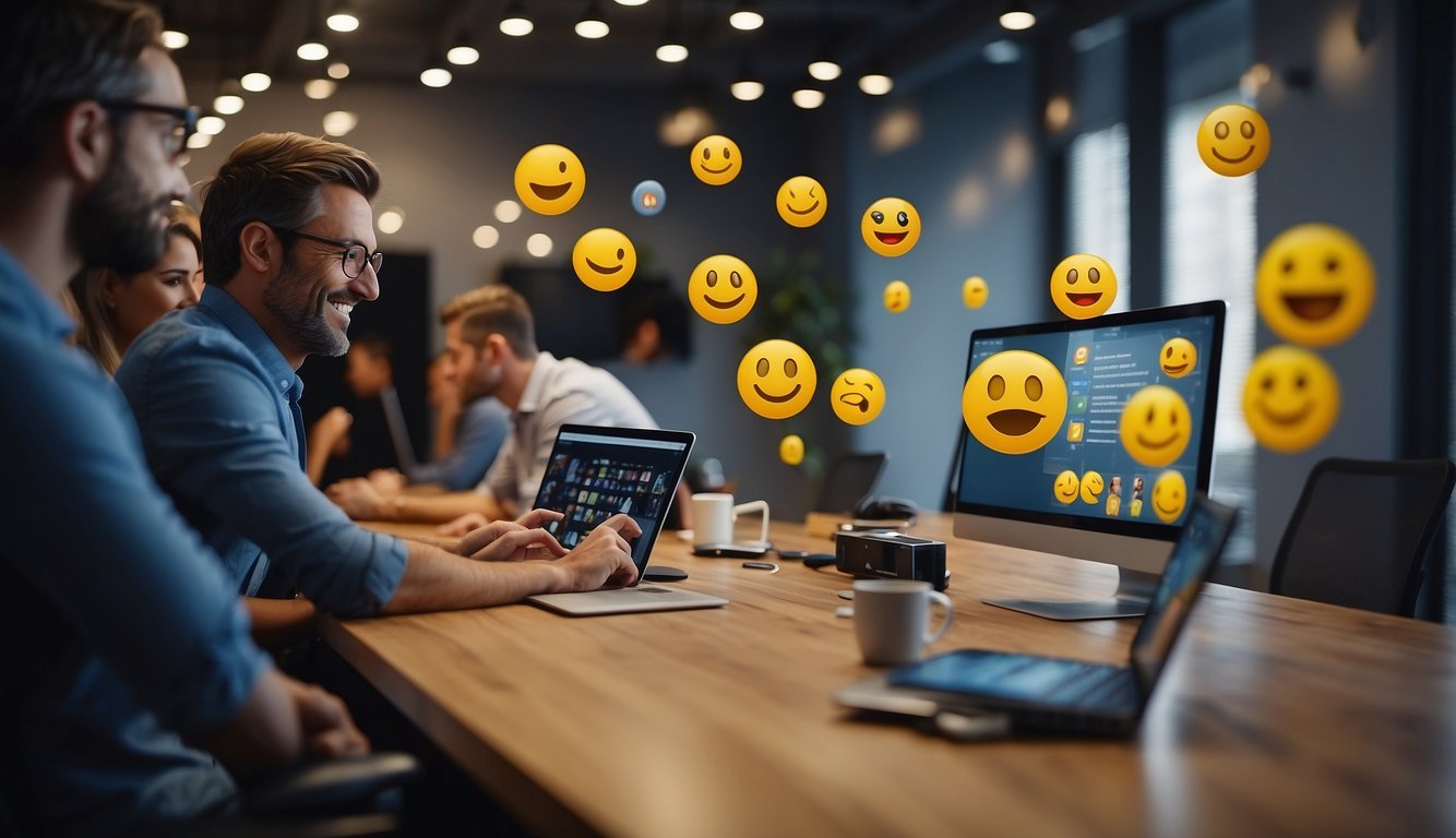 A virtual meeting with smiling emojis, open communication, and collaborative brainstorming. A warm, inclusive atmosphere with supportive gestures and engaged participants