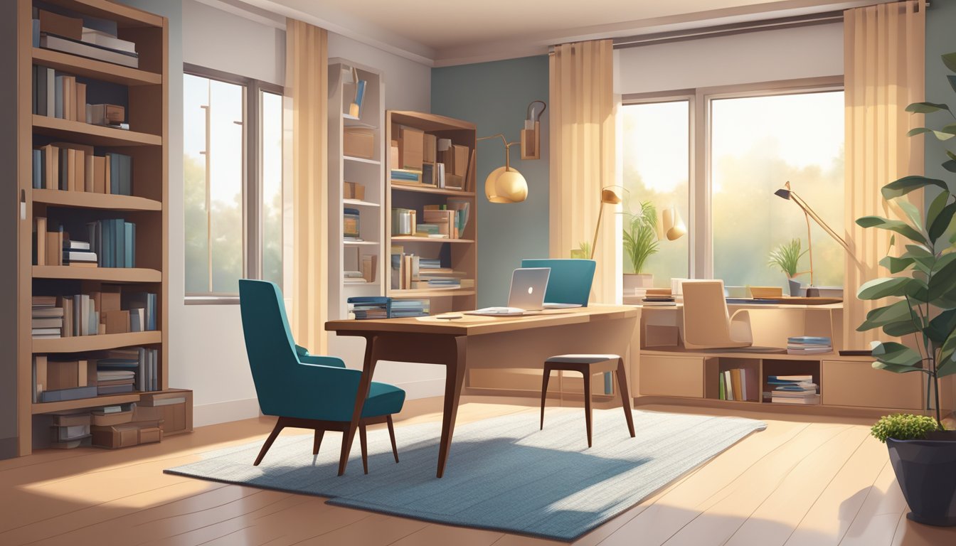 A modern study room with sleek furniture, ample natural light, and organized shelves. A cozy reading nook with a comfortable chair and a small table