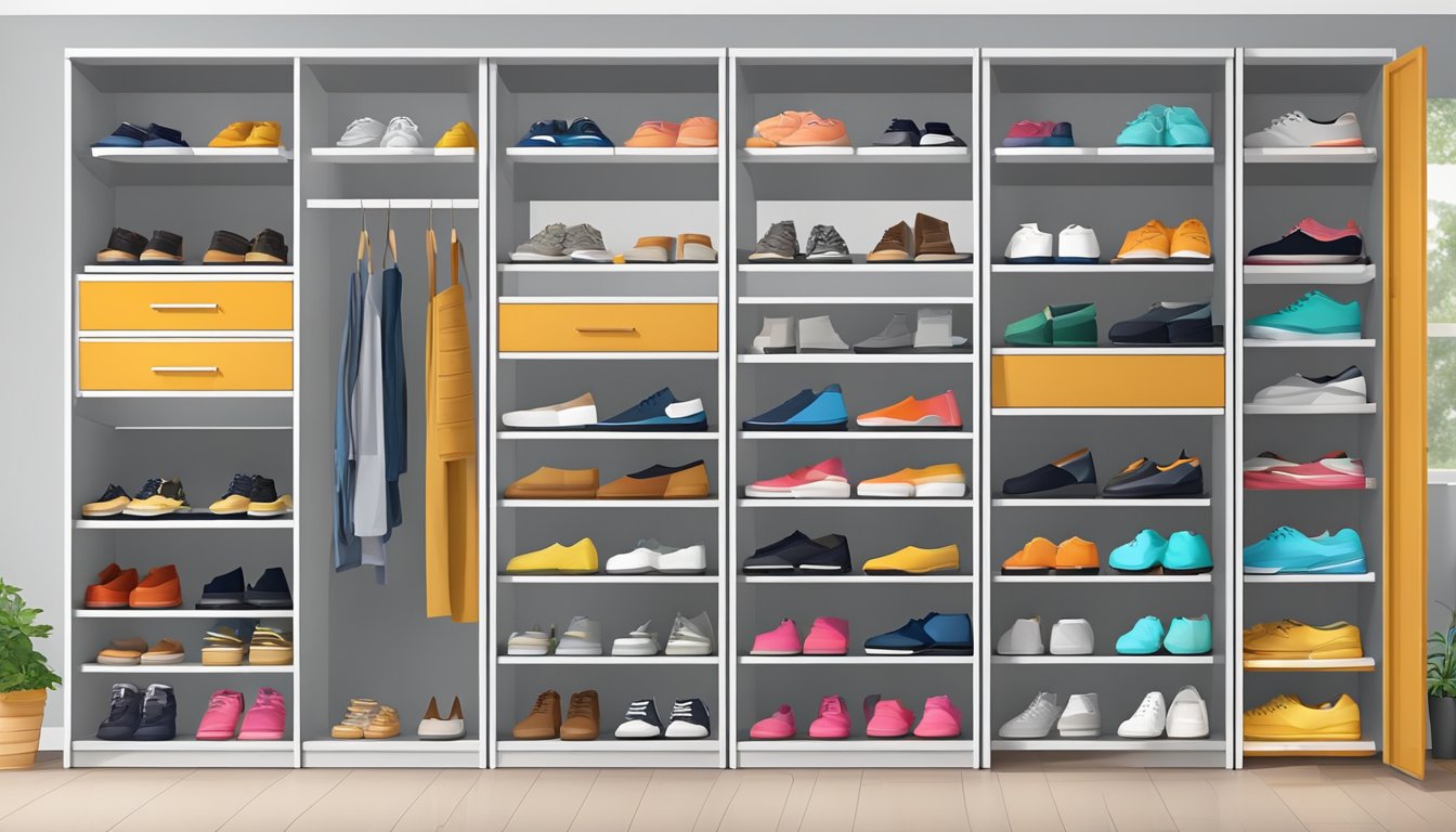 A shoe cabinet is neatly organized with various innovative storage solutions, maximizing space in a modern and stylish setting