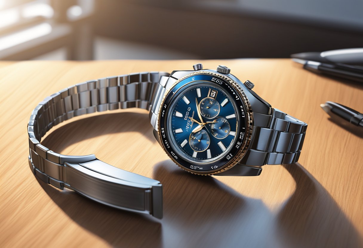 Eine elegante Seiko Uhr liegt auf einer polierten Holzoberfläche, die das Licht einfängt und ihr elegantes Design widerspiegelt.