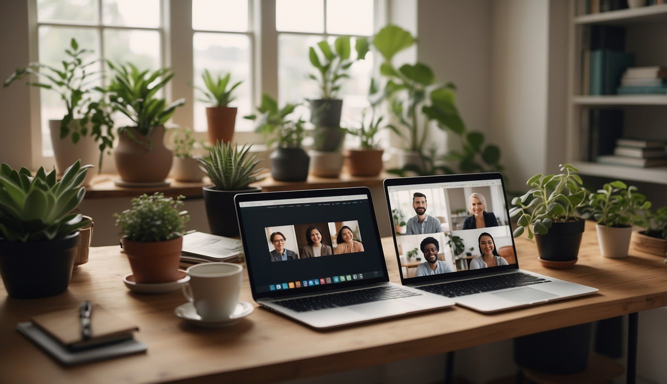 A virtual meeting with diverse team members in a cozy, well-lit home office. Laptops, notebooks, and a warm beverage on the desk. Plants and artwork in the background