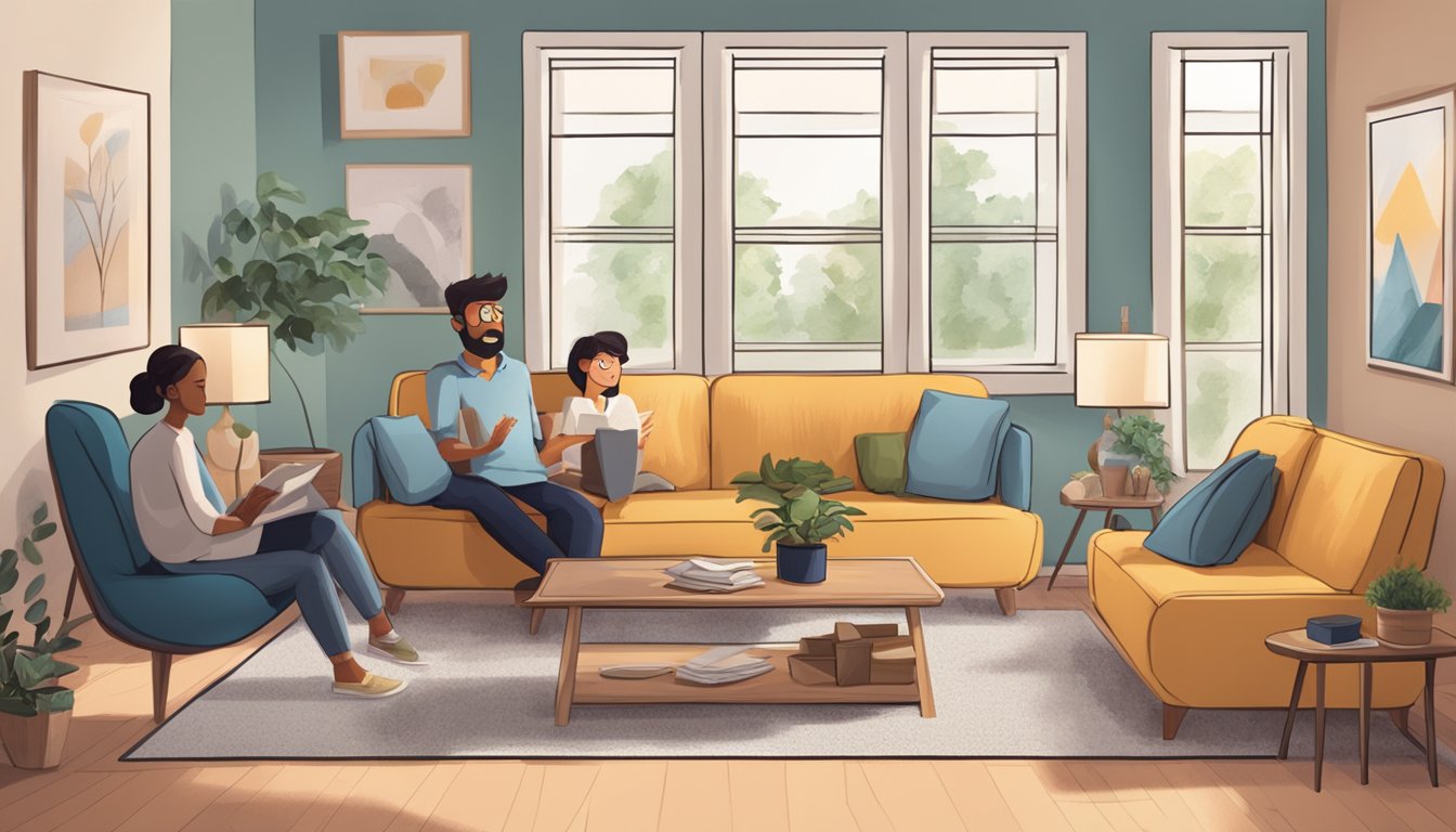 A cozy living room with a modern sofa bed surrounded by eager customers asking questions about the sale