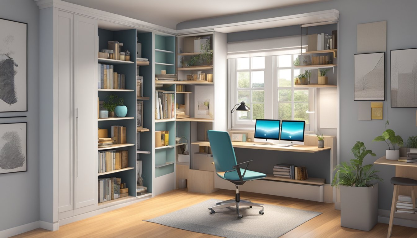 A compact study table with built-in shelves and a foldable desk, maximizing space in a small room