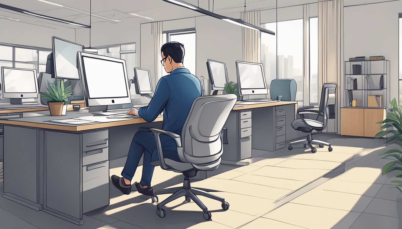 A person in a Singapore office selects a desk chair from a variety of options, considering comfort and style