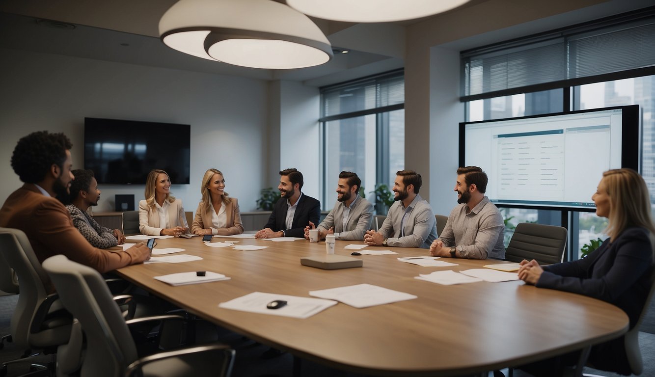 A virtual team meeting in a cozy, well-lit room with a large conference table surrounded by comfortable chairs. A whiteboard displays positive affirmations and collaborative brainstorming notes