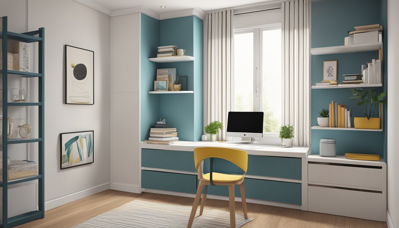 A small room with a compact study table, shelves for storage, and a space-saving design