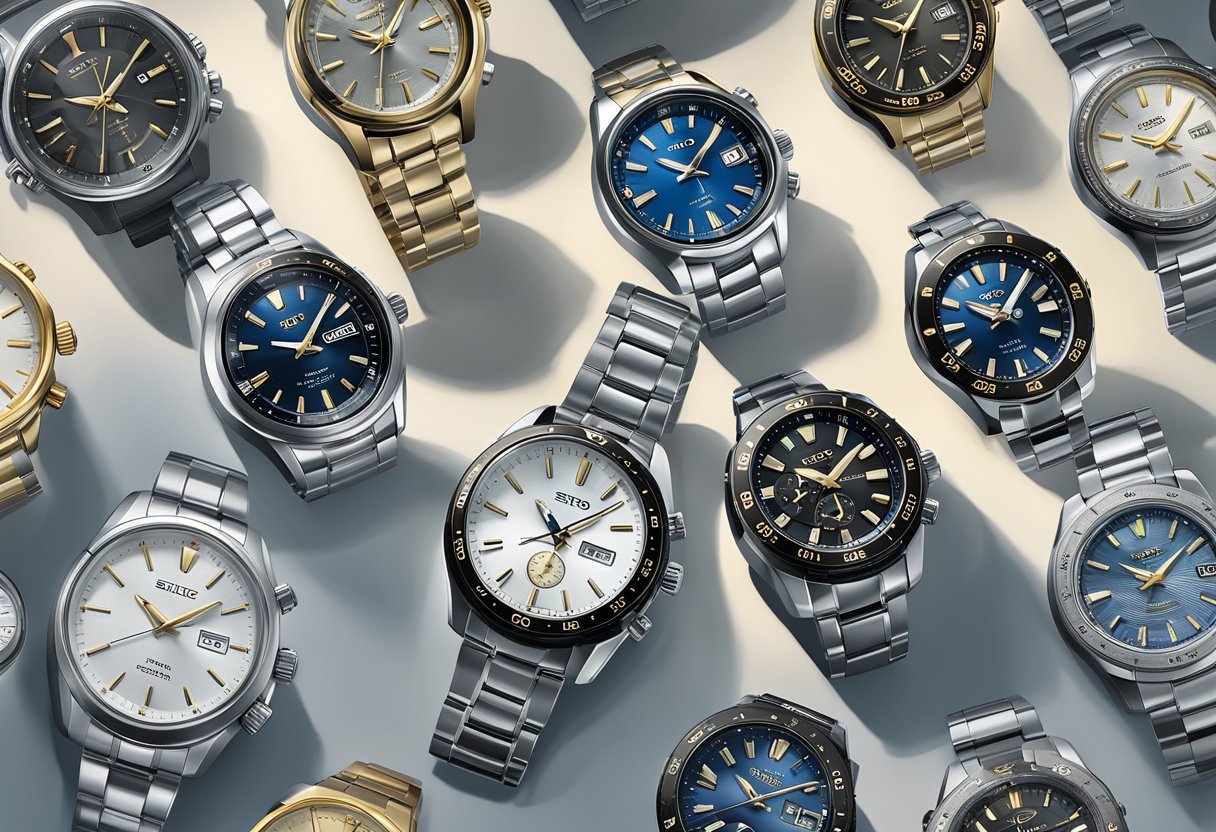 A hand reaches for a display of Seiko watches, carefully examining each timepiece before selecting the perfect one. The watches are elegantly arranged on a sleek, modern display case, catching the light and showcasing their intricate designs