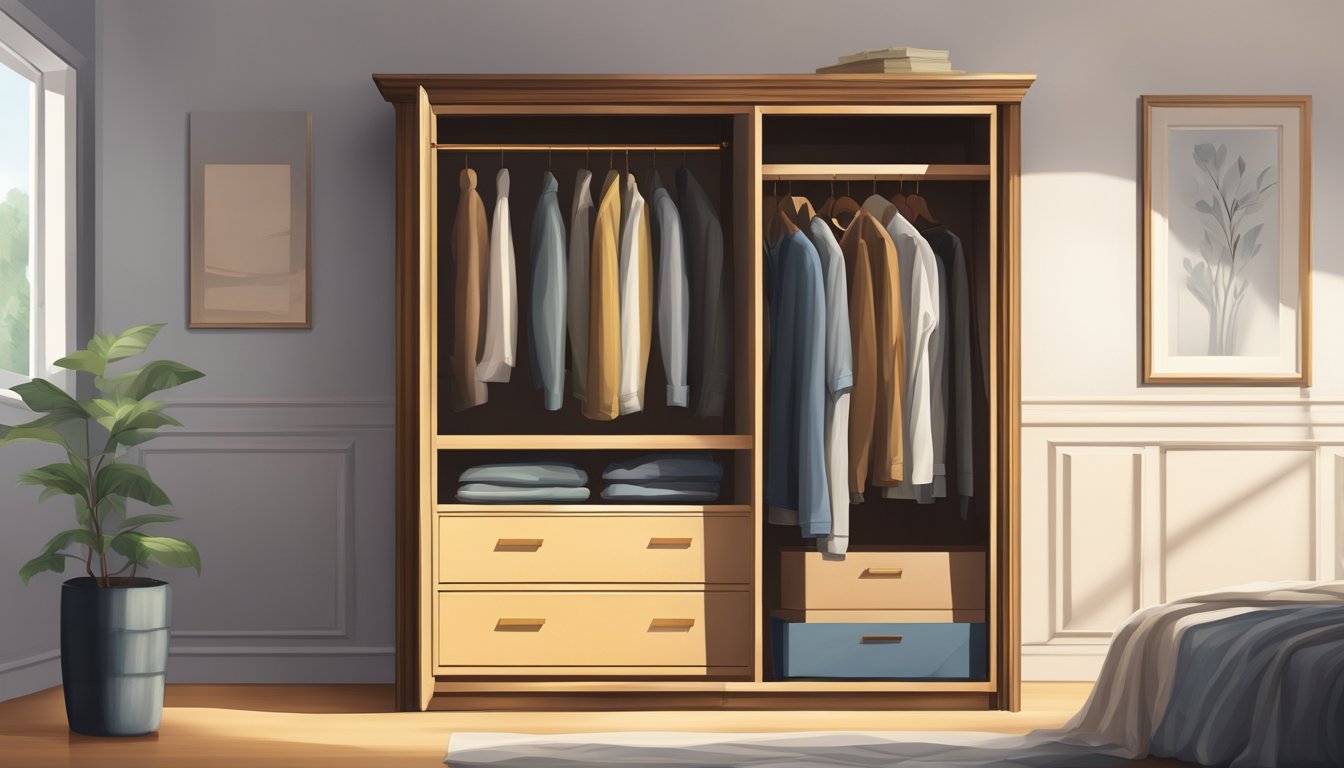 A wardrobe with drawers stands against the wall, its wooden frame and brass handles catching the light from the window