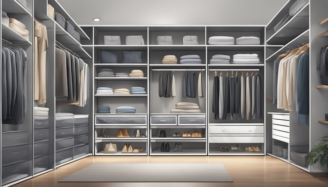 A sleek wardrobe with drawers, organized and spacious, showcasing a variety of clothing items neatly folded and hung