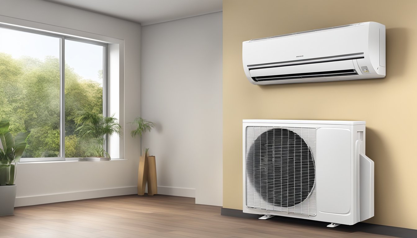 A split system air conditioner mounted high on a wall, with cool air flowing out from the indoor unit and warm air being expelled from the outdoor unit