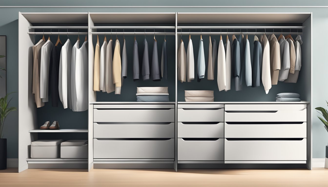 A hand reaches for a sleek, modern wardrobe with drawers. The clean lines and minimalist design give it a stylish and functional look