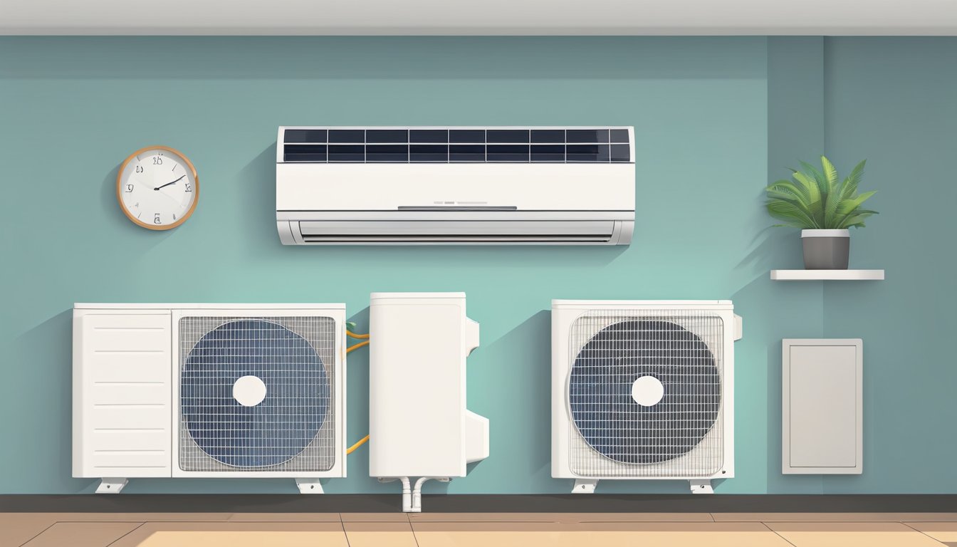 A split system air conditioner hangs on a wall, with an outdoor unit connected by pipes. Cool air flows from the indoor unit