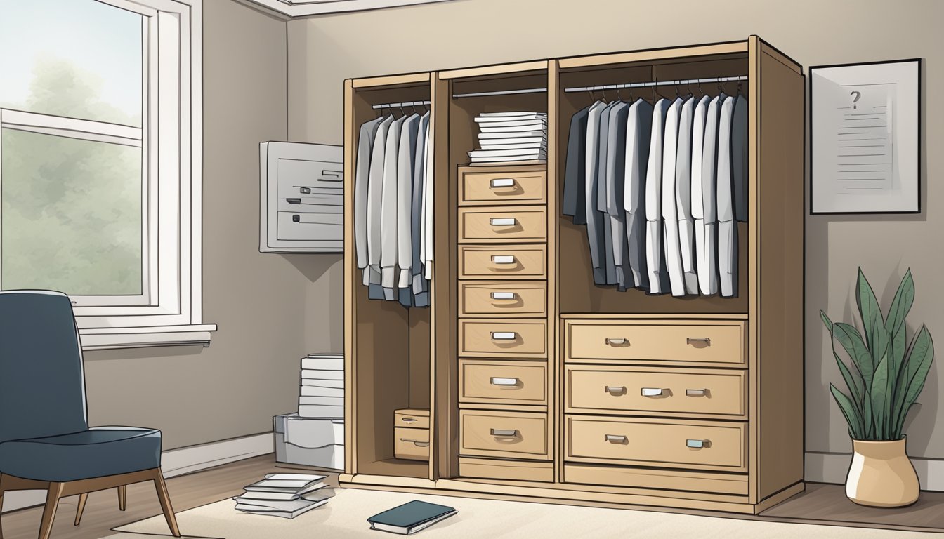 A wardrobe with multiple drawers, labeled "Frequently Asked Questions," stands against a plain wall, with a stack of papers and a pen on top