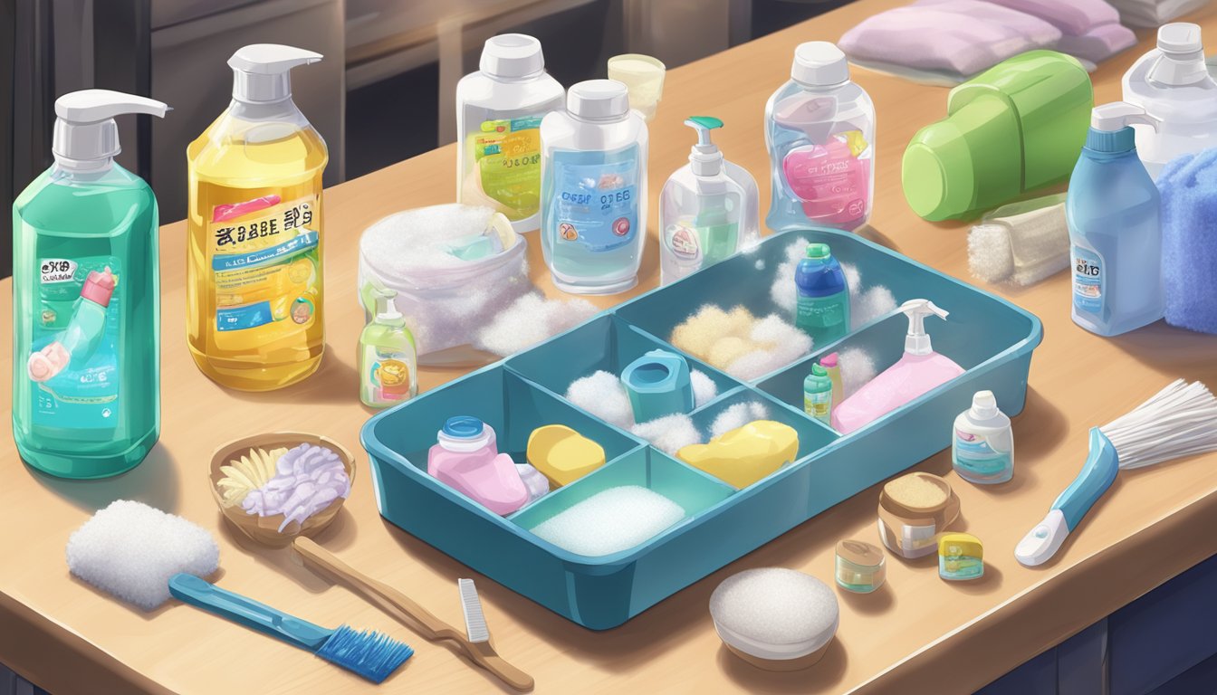 A table with various cleaning products and materials labeled "safe for sex dolls" to ensure hygiene and prevent allergies