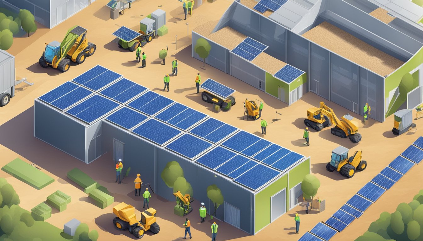 A construction site with solar panels, recycling bins, and workers using eco-friendly materials