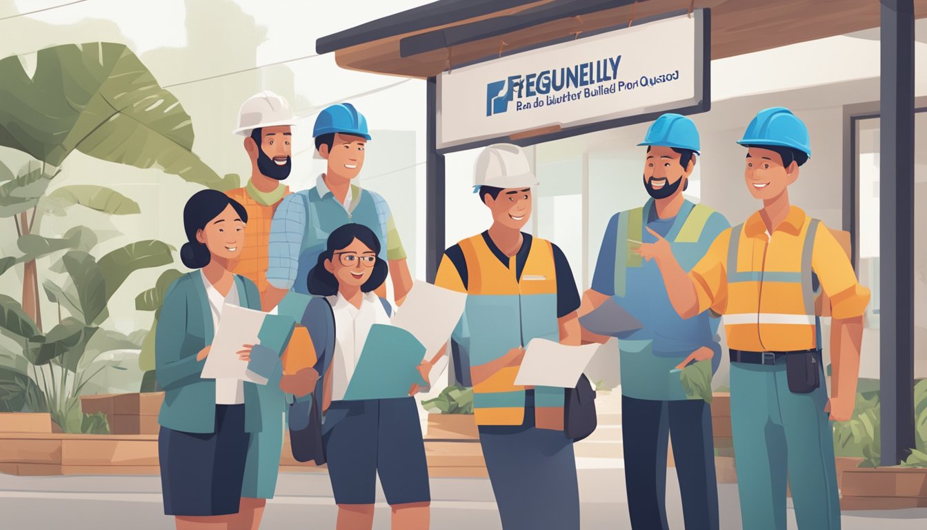 A group of people gathered around a sign that reads "Frequently Asked Questions ada builders pte ltd" with a curious and engaged expression on their faces