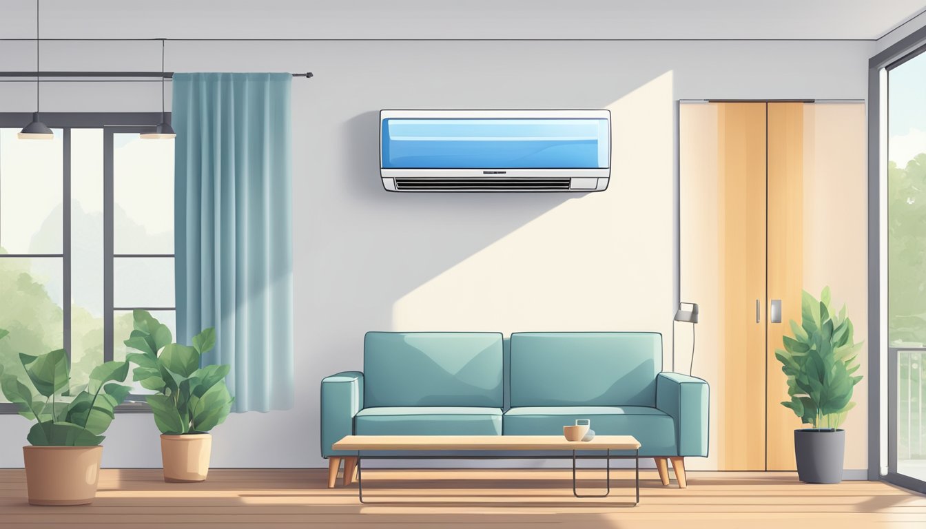 A person selects a split system air conditioner from a display and installs it in a room with a window