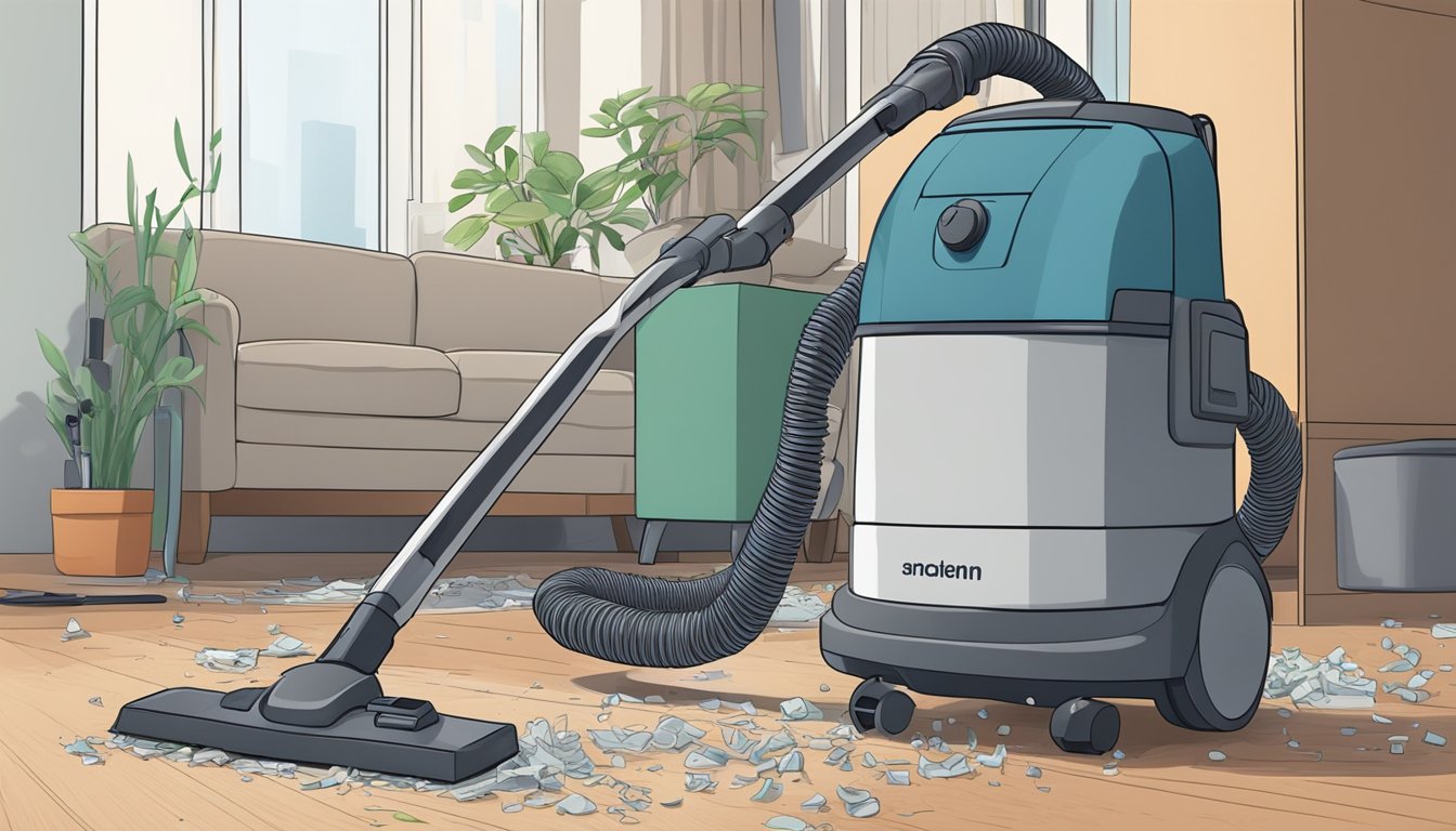 A cheap vacuum cleaner in a cluttered Singaporean apartment, with dust and debris being sucked into the machine's nozzle