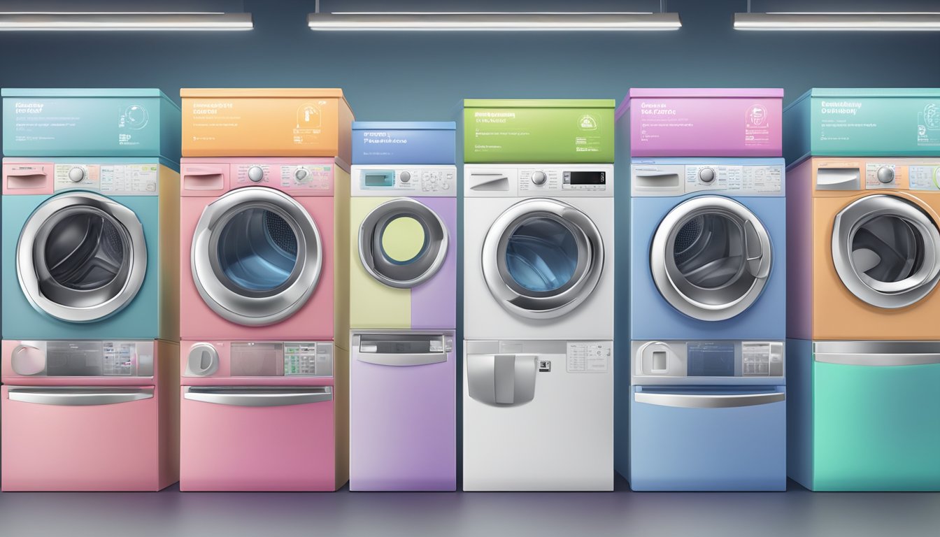 A stack of colorful, budget-friendly washing machines with "Frequently Asked Questions" displayed prominently on the screen