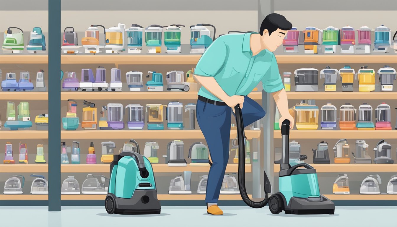 A customer comparing different vacuum cleaners in a Singapore store