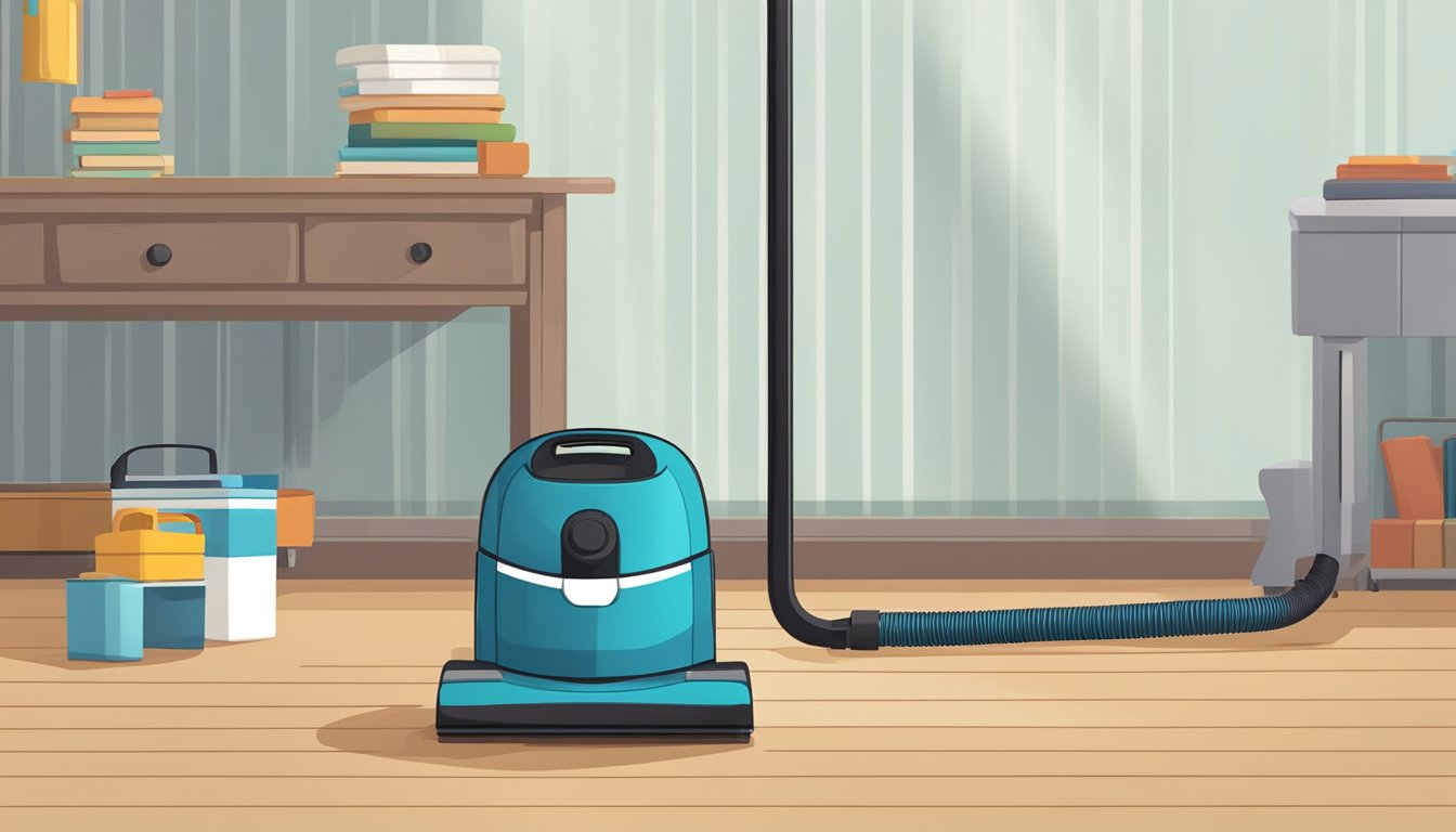 A vacuum cleaner sitting on a clean floor, with a sign reading "Frequently Asked Questions cheap vacuum cleaner singapore" nearby