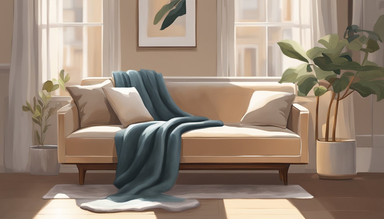 A low settee sits against a wall, adorned with plush cushions and a soft throw blanket. The room is bathed in warm, natural light, casting a cozy glow over the inviting piece of furniture