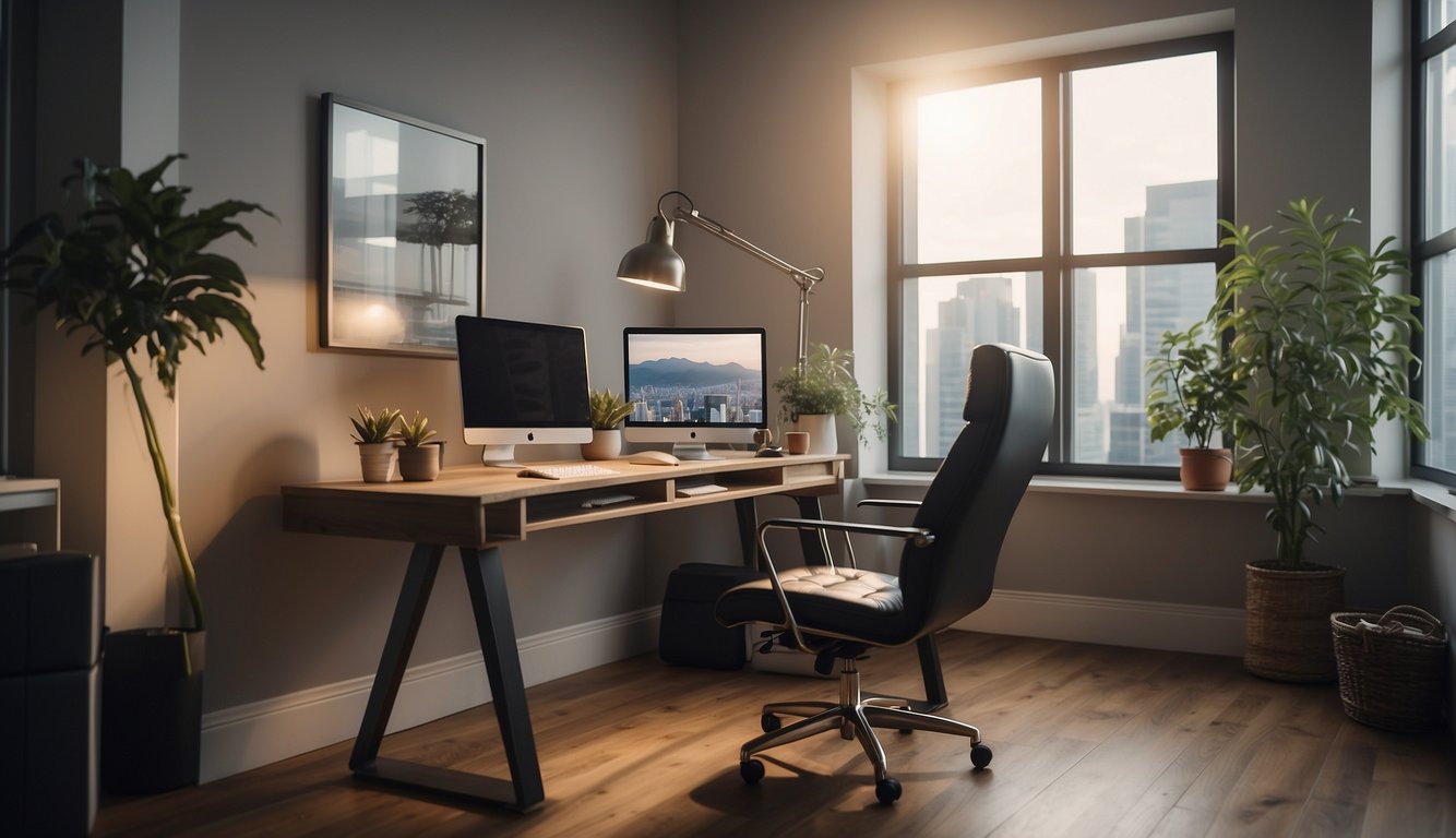 A clutter-free desk with a computer, notebook, and pen. A calm, well-lit room with a comfortable chair and a clear view of the screen