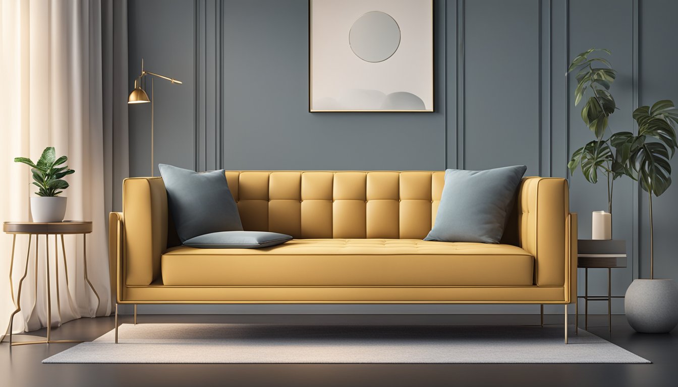 A low settee with sleek lines and minimalist design, placed against a backdrop of modern decor and soft lighting