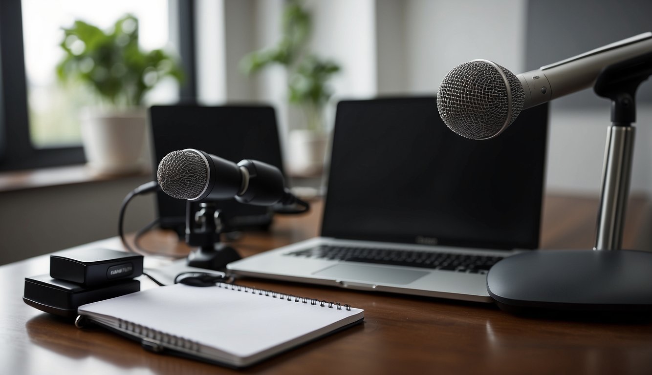 A virtual meeting setup with a laptop, microphone, and notepad on a desk with a comfortable chair in a well-lit room