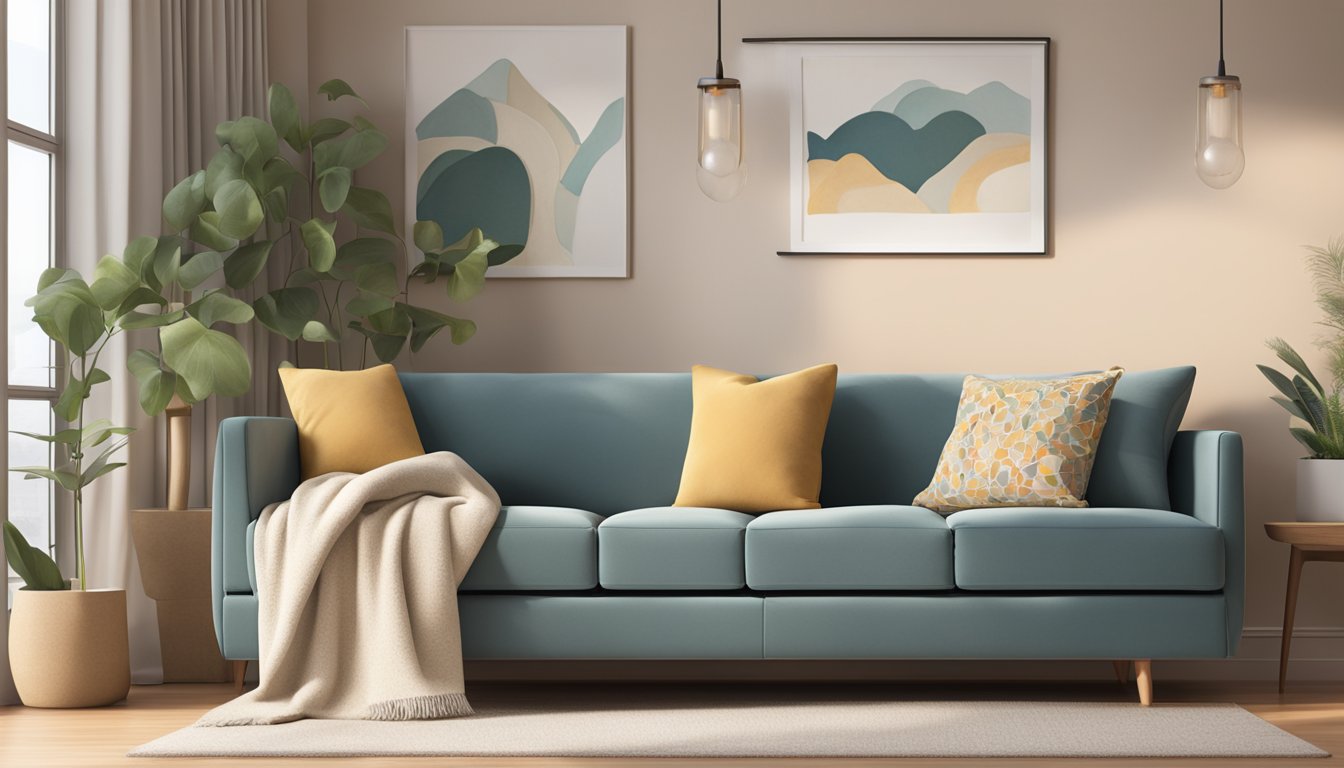 A low settee placed against a wall in a cozy living room, adorned with soft cushions and a warm throw blanket