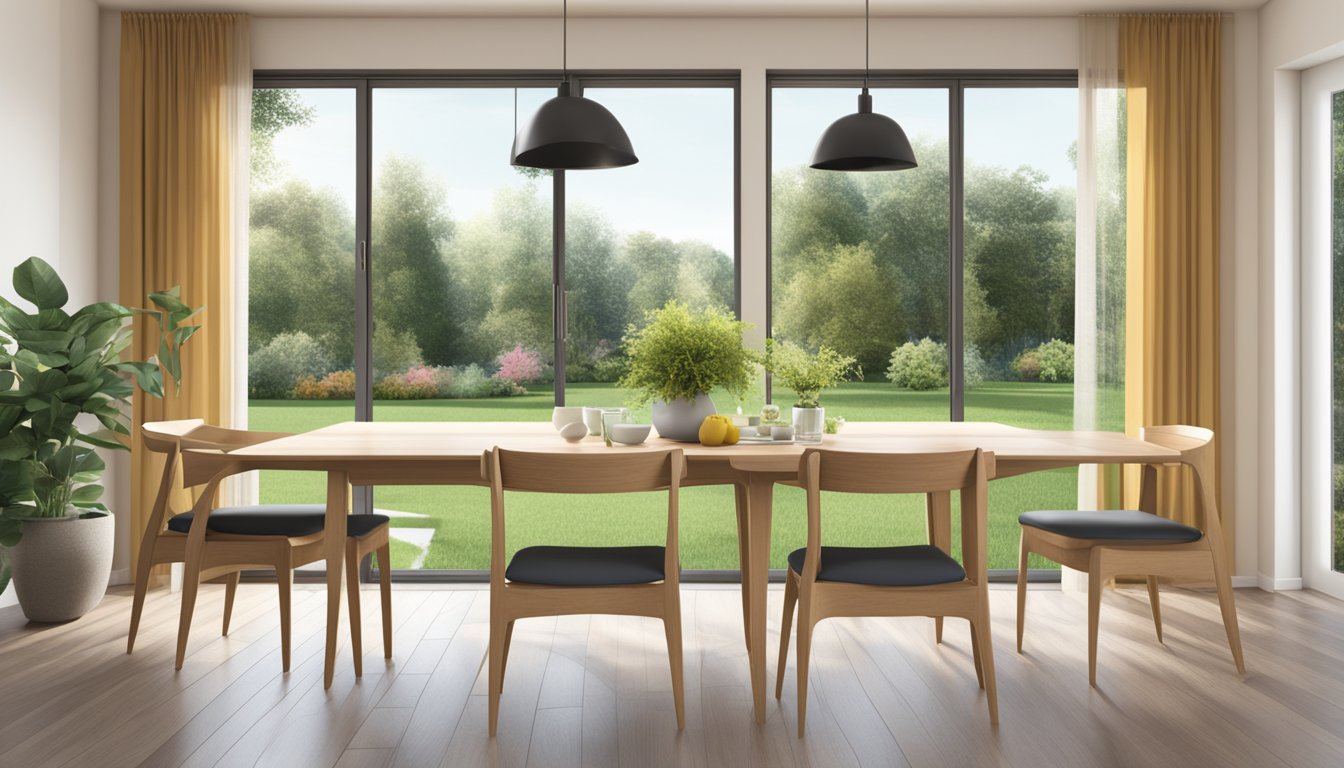 An extendable dining table set with chairs arranged neatly in a well-lit room with a window overlooking a garden
