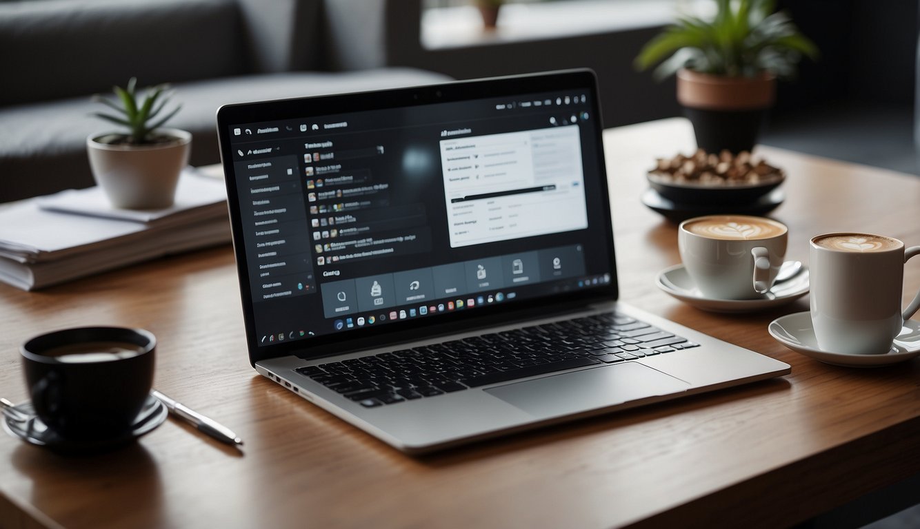 A laptop with a virtual meeting platform open, surrounded by notes, a calendar, and a cup of coffee. A checklist of preparation steps is visible on the screen