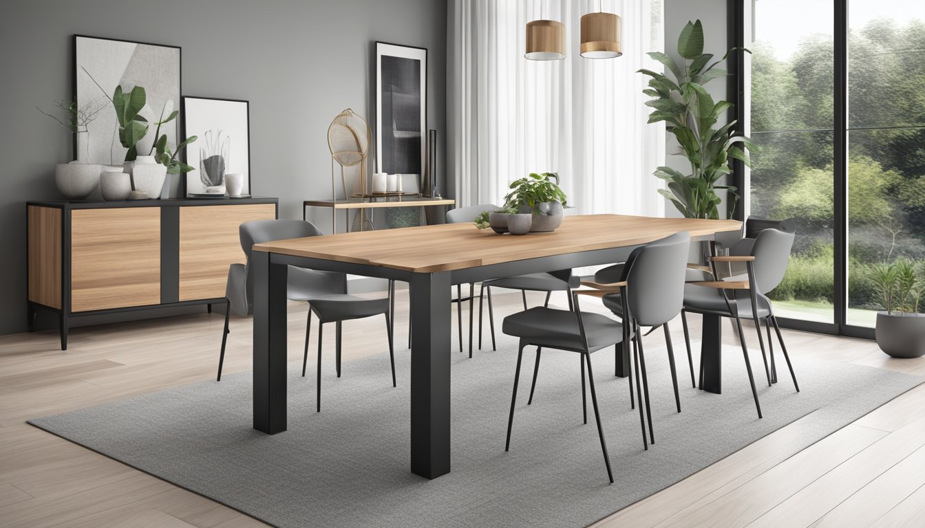 A modern extendable dining table set with sleek lines and a combination of wood and metal materials. The table features a smooth surface and clean, minimalist design